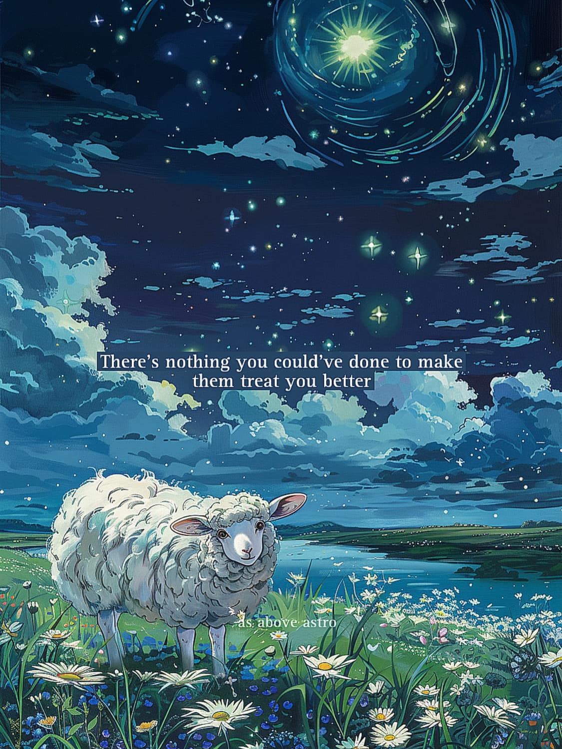 This meme features a cartoon image of a sheep in a field of flowers, looking up at the night sky. The text above the sheep reads, "There's nothing you could've done to make them treat you better," a phrase that suggests a sense of resignation and hopelessness. The image is meant to be humorous and relatable, poking fun at the idea that some people are just not going to treat you well, no matter what you do.
